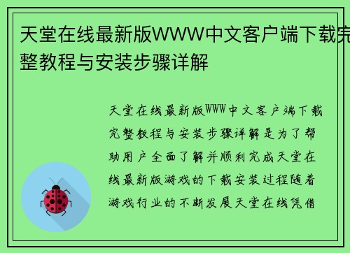 天堂在线最新版WWW中文客户端下载完整教程与安装步骤详解