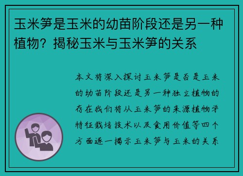 玉米笋是玉米的幼苗阶段还是另一种植物？揭秘玉米与玉米笋的关系